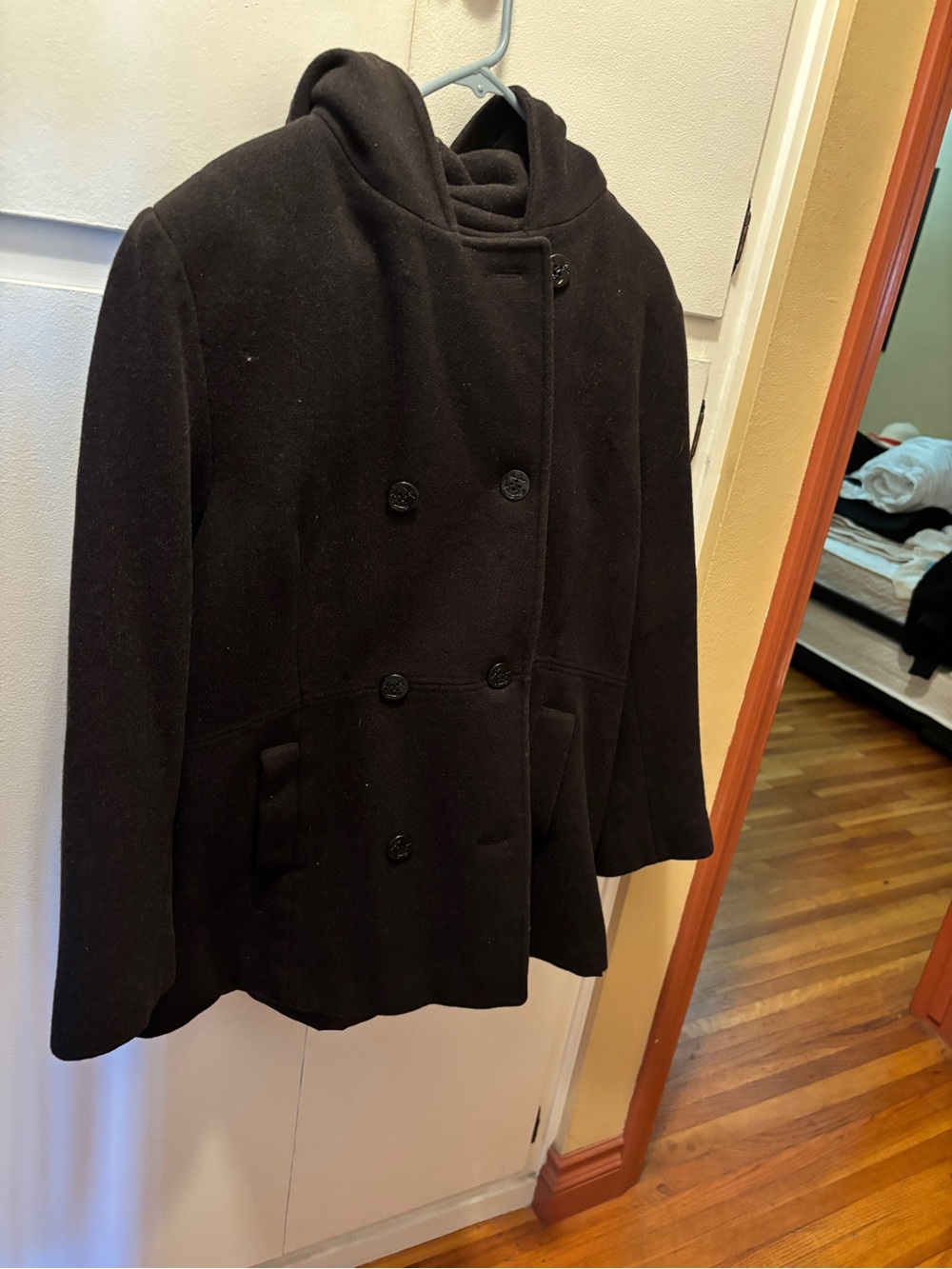 Classic Black Hooded Double-Breasted Peacoat